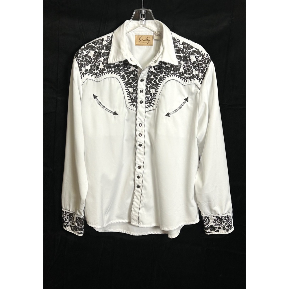 Scully Mens White Western Snap Shirt Black Floral Embroidery Smile Pockets M